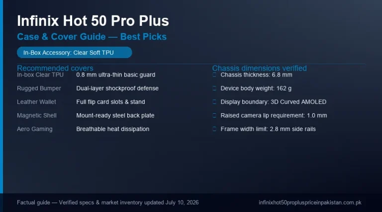 Infinix Hot 50 Pro Plus protective case types, thickness, and compatibility card.