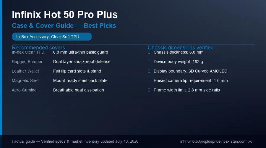 Infinix Hot 50 Pro Plus protective case types, thickness, and compatibility card.
