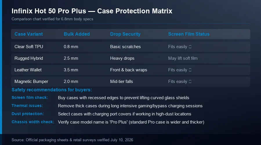 Infinix Hot 50 Pro Plus protective case comparison card mapping TPU, rugged armor, and leather flip cases