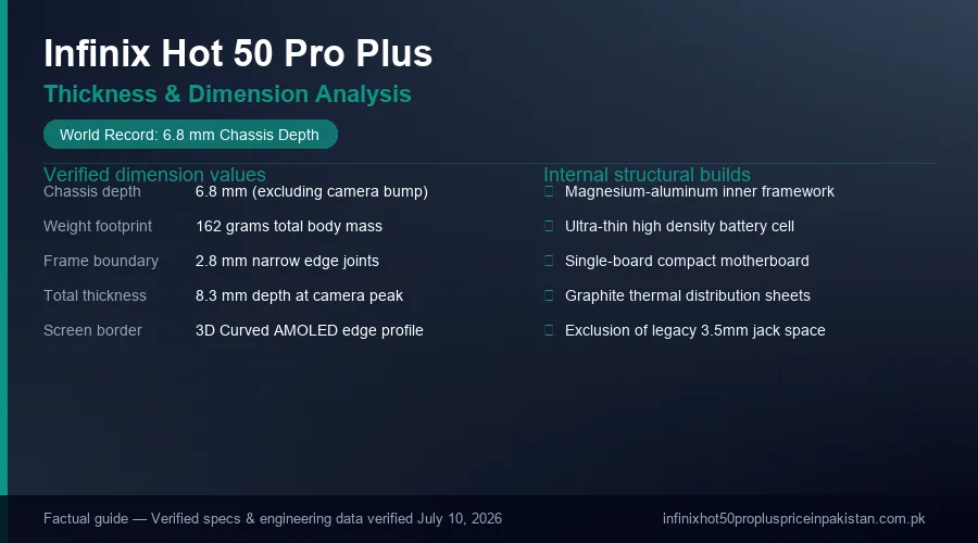 Chassis of the Infinix Hot 50 Pro Plus highlighting its 6.8mm profile.