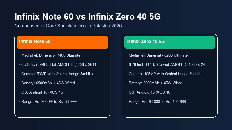 Infinix Note 60 vs Infinix Zero 40 5G in Pakistan | Comparison 2 Infinix Note 60 vs Infinix Zero 40 5G specifications comparison chart