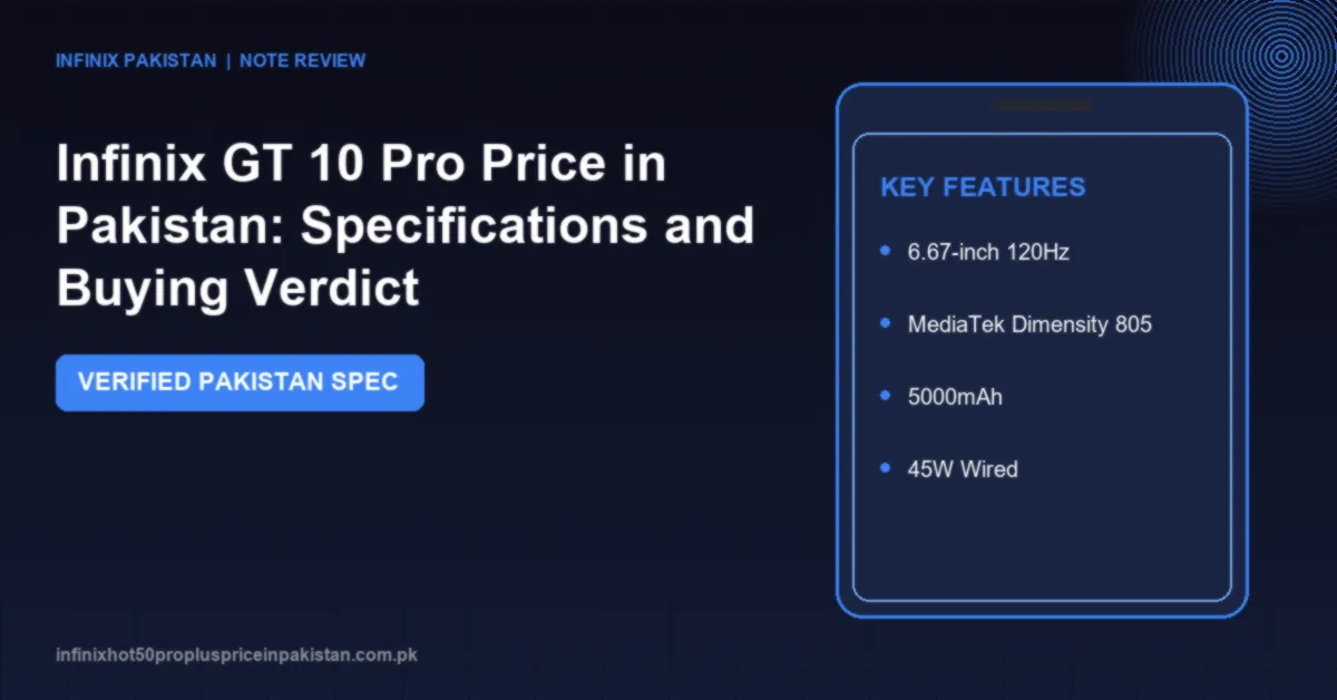 Infinix GT 10 Pro Price in Pakistan: Specifications and Buying Verdict 1 Check the Infinix GT 10 Pro price in Pakistan, specifications, battery, display, camera, and buying verdict.