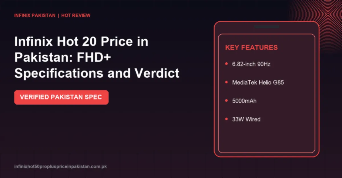 Check the Infinix Hot 20 price in Pakistan, 90Hz FHD+ IPS LCD, 50MP camera, Helio G85 processor, 5000mAh battery and 33W fast charging specs.