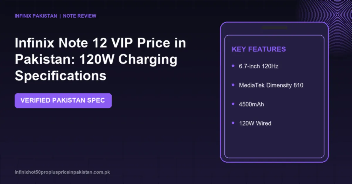 Infinix Note 12 VIP Price in Pakistan: 120W Charging Specifications 1 Check the Infinix Note 12 VIP price in Pakistan, 120W ultra-fast charging, Dimensity 810 5G, 108MP OIS camera, 120Hz AMOLED and JBL speakers specs.