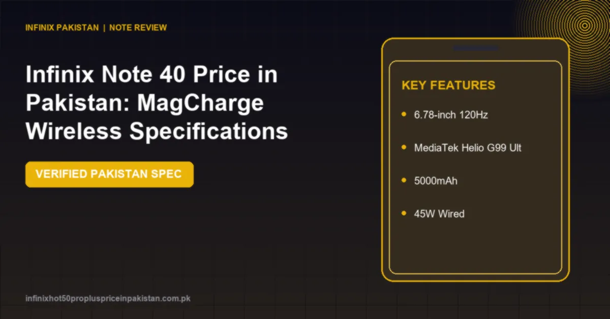 Check the Infinix Note 40 price in Pakistan, 20W MagCharge wireless, 120Hz AMOLED, Helio G99 Ultimate, 108MP camera and 45W fast charging specs.