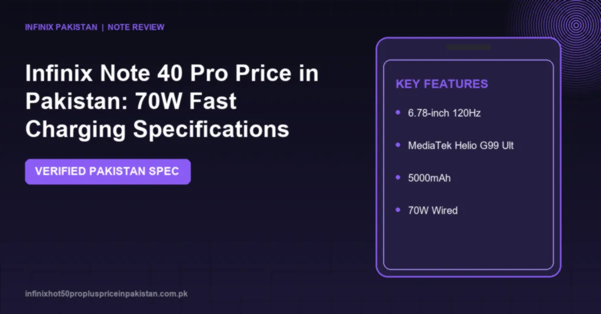 Infinix Note 40 Pro Price in Pakistan: 70W Fast Charging Specifications 1 Check the Infinix Note 40 Pro price in Pakistan, 70W wired and 20W wireless MagCharge, curved AMOLED, 108MP OIS and Helio G99 Ultimate specs.