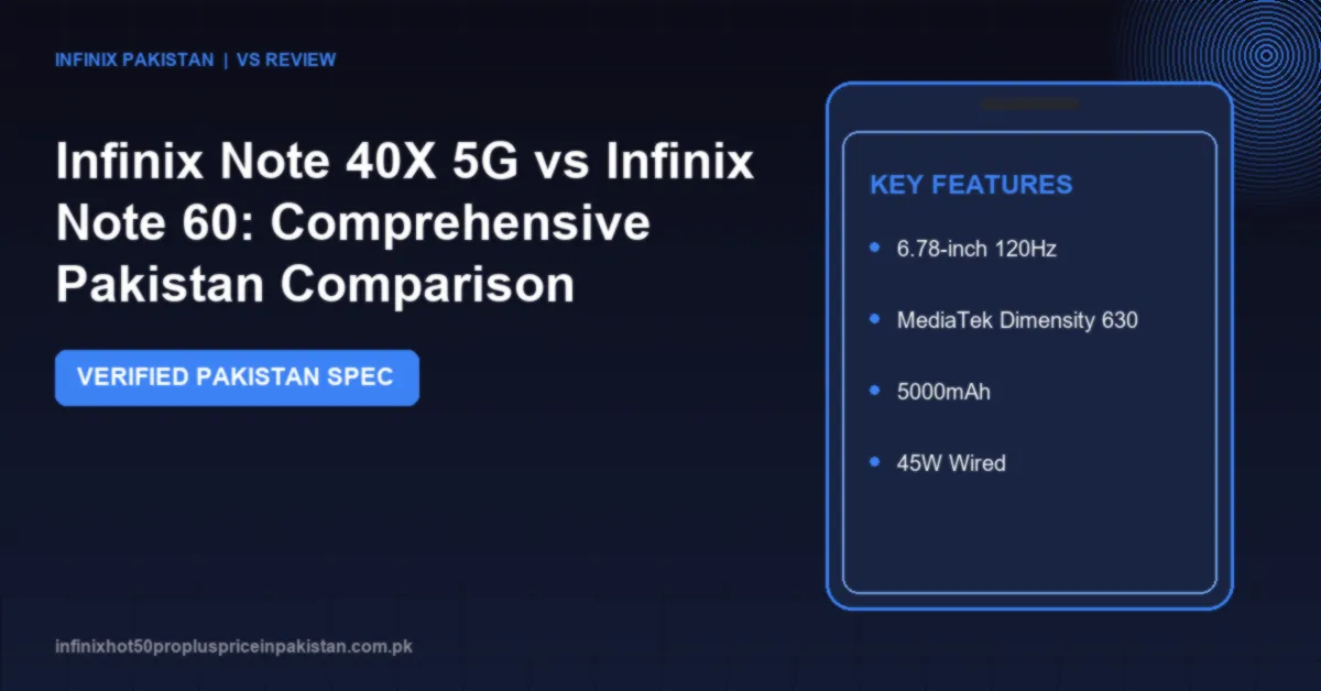 Infinix Note 40X 5G vs Infinix Note 60: Comprehensive Pakistan Comparison 1 Detailed comparison of Infinix Note 40X 5G vs Infinix Note 60 covering prices in Pakistan, display, camera, processor benchmarks and battery life.