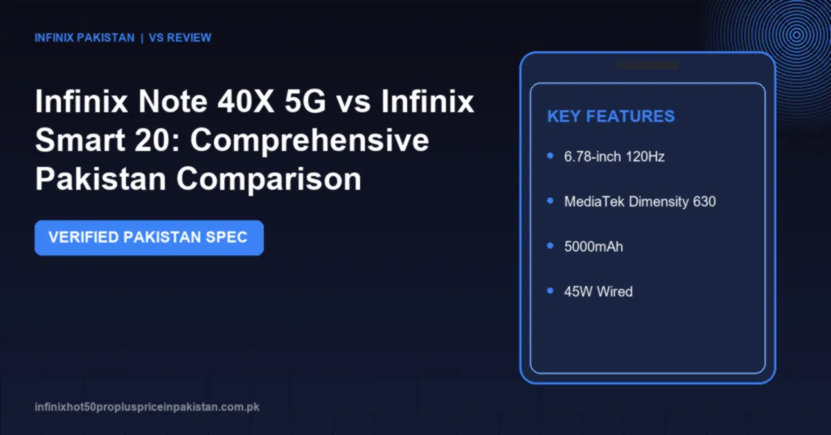 Infinix Note 40X 5G vs Infinix Smart 20: Comprehensive Pakistan Comparison 1 Detailed comparison of Infinix Note 40X 5G vs Infinix Smart 20 covering prices in Pakistan, display, camera, processor benchmarks and battery life.