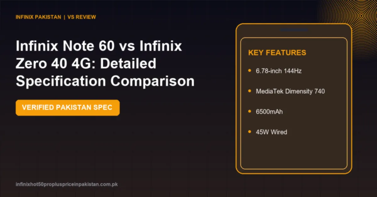 Infinix Note 60 vs Infinix Zero 40 4G: Detailed Specification Comparison 1 Compare Infinix Note 60 vs Infinix Zero 40 4G specifications, screen, camera, performance and price in Pakistan.